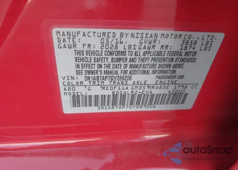 2016 Nissan Sentra Sr from USA, damaged, VIN 3N1AB7AP7GY289206